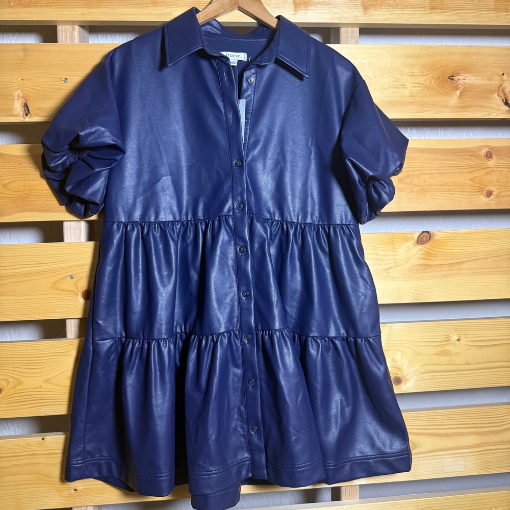 Maeve Anthropologie Faux Leather Tiered Mini Dress Women MP Navy Blue Babydoll